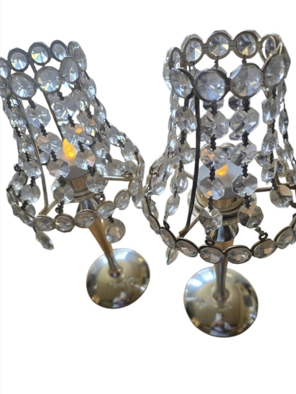 Faux Crystal Beaded Tea Light Table Lamps - Clear/ Silver Plated Home Accent